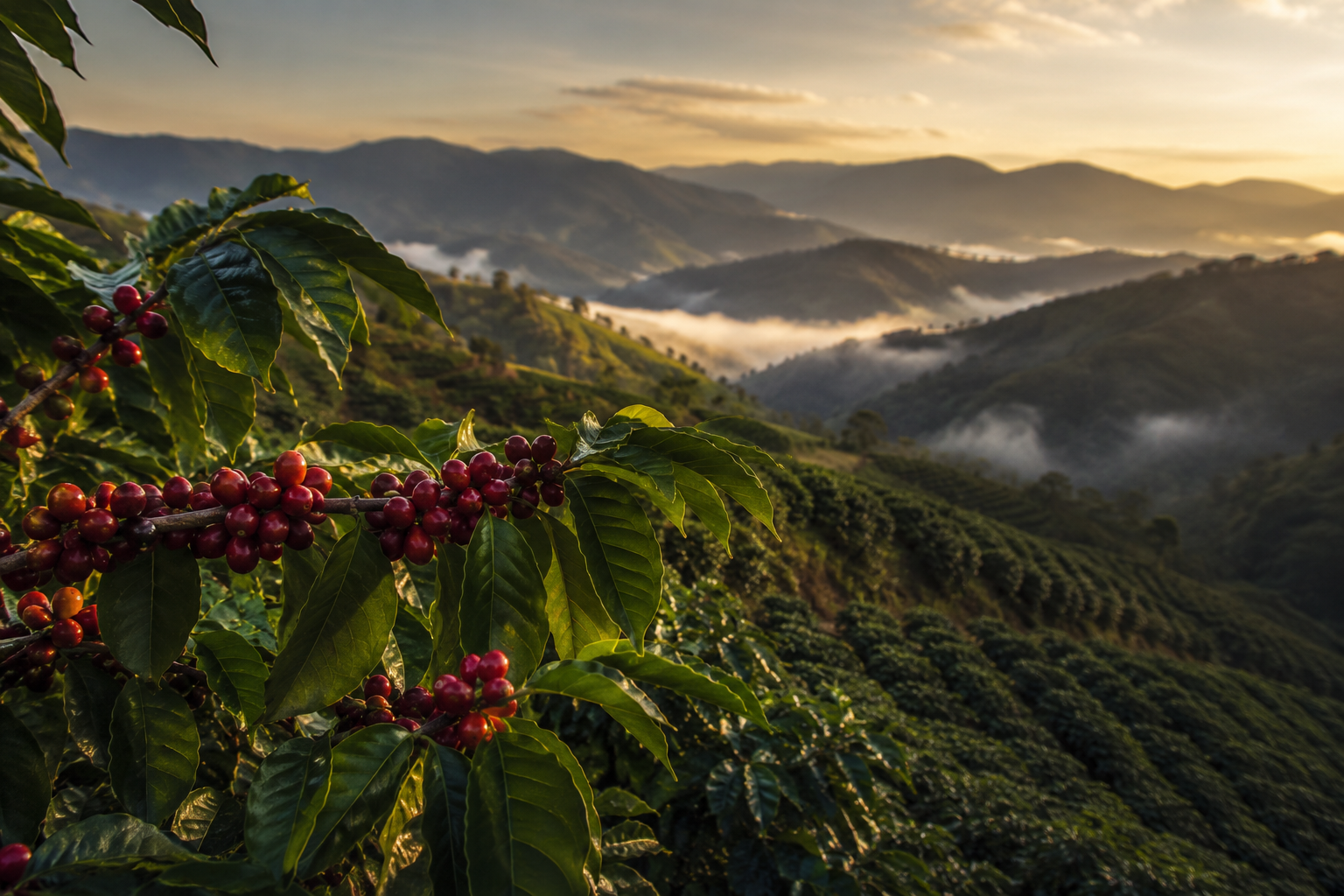 Cafetales de montaña con frutos maduros al amanecer